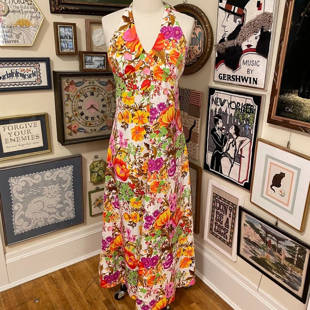 70s Vintage White Orange Yellow Floral Halter Maxi Dress With V-Neck & Open Back